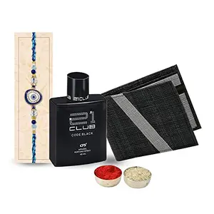 Relish Rakhi Gift Hamper for Brother- Black Men' s Leather Wallet, Perfume for Men and Rakhi Combo Gift Set for Brother