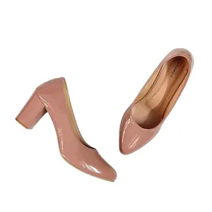 Shunya Women Comfortable Nude Round toe Closed Pump Shoes Belly with Block Heel Slip-on Sandal For Casual And Official Occassions- Size:6