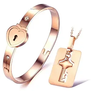 University Trendz Stainless Steel Heart Lock and Key Bracelet Pendant Set for Couples Men and Women (Rosegold)