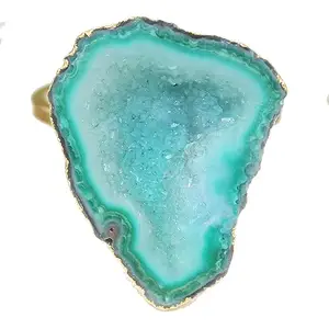 KHN Fashion Beautiful Natural Milky Green Geode Druzy Gold Electroplated Rings Gifts For Her