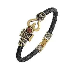 Uniqon Adjustable (Black Color) Unisex Antique Stylish Trending Rudraksha Beads Oxidized Shiva Om Mahakal Trishul Damroo Designer Bahubali Cuff Leather Dyed Rope Kada Wrist Band/Belt Bracelets