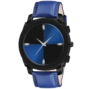 Two Tone Dial & Blue Leather Strap Analogue Watch for Men