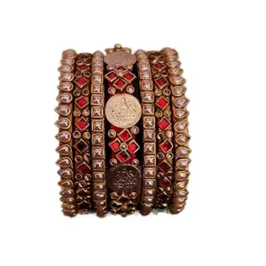 Nathans Global Handmade Kundan Stone Band Bangles for single hand Women,Girls,Teens Indian Bangle Jewelry Sets, set of 7 Bangle. (Red, 2.10)