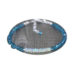 RRJEWELZ Ethiopian Welo Opal & London Blue Topaz 3-3.5mm Rondelle Shape Faceted & Smooth Cut Gemstone Beads 7 Inch Adjustable Silver Plated Clasp Bracelet For Men, Women. Gemstone Link Bracelet. | Lcbr_02797