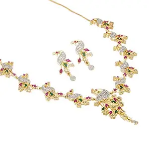 KENNICE American Diamond Peacock Style Gold-Plated Necklace With Earrings Jewellery Set For Women & Girls