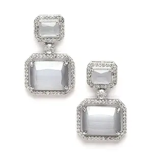 KENNICE Rhodium-Plated Silver Toned American Diamond studded Square Shaped Drop Earrings For Women & Girls