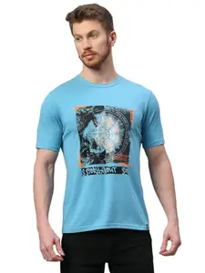 Klub Fox Blue Mens Printed Regular Fit Cotton T-Shirts with Round Neck