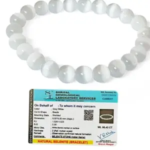 Uphhar Selenite Crystal Bracelet, Grey White, 8.5 mm Beads, 96.43 CT, Certified