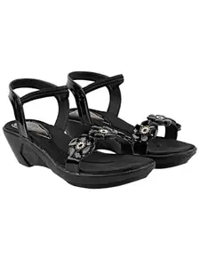 Shoetopia womens Fancy Black Wedge Sandal /EU42