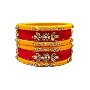HARSHAS INDIA CRAFT Silk Thread Stylish Fancy Festival Wear Kundan Stone Bangles set of 6 bangles yellow-red(size-2/10)