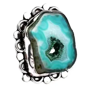 Metal Alloy Rhodium Polished IsometricShape Green Druzy Gemstone Handmade Filgree Ring Indian Size 13 RGS-1486