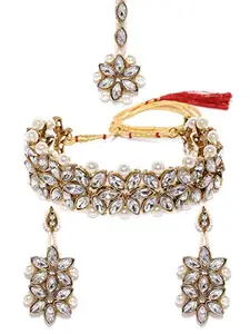 Molika Traditional Jewellery Kundan Pearl Necklace Choker Set with Earrings and Maang Tikka for Girls and Women