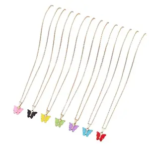MALKYN Gold-Plated Butterfly Pendant Necklace for Women & Girls 7Colorful Enamel Charms on Delicate Chain –Lightweight Minimalist Jewelry for Everyday Wear