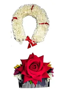 ChandniVariety Women's Artifical Flower One White Rajnigandha Flower Gajra&One Red Rose Comb hair clip(Pack of 2) | White&Red | FreeSize