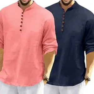 FINIVO FASHION Combo of Men’s Casual Full Sleeve Kurta Style Shirt with Button Placket, Lightweight Breathable Fabric, Regular Fit Ethnic Fusion Wear for Daily & Festive Use Pack of 2