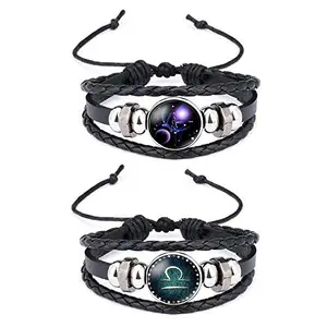 Young & Forever Young & Forever Valentine Gift Zodiac Sign 12 Constellation Libra Handmade Silver Black Leather Casual Bracelet for Men Women Girl boy for Unisex (Combo of 2)