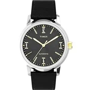 TIMEX Marlin Mechanical Automatic Watch for Man with Black Round Dial & Black Leather Strap Band Water Resistant Men's Wrist Watches - TW2W33900U9
