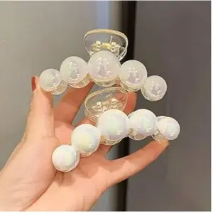 RSJ TRADERS-RSJ TRADERS-Korean Style 7CM Cm design 2Piece Combo Big pearl Plastic Hair Claw Clips White Strong Hold Hair Jaw Clips L Size Barrettes Accessories for Women Thick Thin Hair Styling Clamp