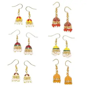 fabula OOMPHelicious Jewellery Combo of 6 Red & Yellow Small Meenakari Jhumka Earrings with Pearls Beads For Women & Girls Stylish Latest (R-EHC187^Y-EHC187-123-124-136-140_CC1)