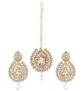Shashwani Women's Rose Gold Plated Alloy Kundan Earrings & Mangtikka-PID47364