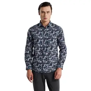Snitch Charcoal Grey Leaf Print Cotton Shirt