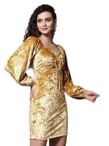 KASSUALLY Dresses for Women Sweetheart Neck with Full Sleeves Cut Out Dress Gold