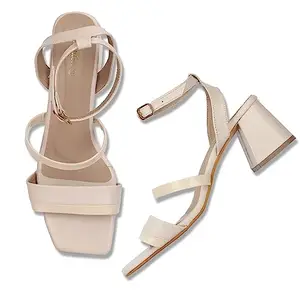 Shoeshion Chunky Heel, Square Open Toe With Metal Buckle Closure Sandals For Women & Girls. (Cream, numeric_5)