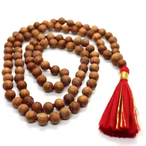 A to Z'S Pure & Original Sandalwood Mala Prayer Beads Necklace with Red Tassel, 108 Beads,