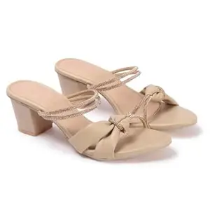 AUSTINE Women Stylish High Heels Sandals | Comfortable Block Heel Slip-On | Fashion Footwear for Women & Girls Beige