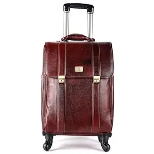 HiLeder 100% Pure Genuine Leather Suitcase Trolley Laptop Roller Case Bag for Luggage and Business Tourist Soft Sided with Plain Designer 4 Wheels for Men & Women, Brown