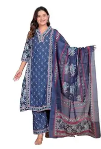 The MIM STUDIOWomen's Cotton Printed Straight Kurti with Pant and Dupatta Set (Navy Blue)