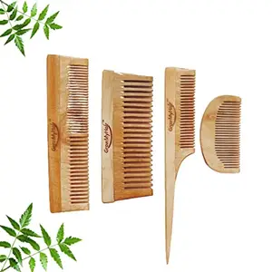 GrowMyHair Neem Wood Comb Anti-Bacterial Anti Dandruff Comb for All Hair Types, Promotes Hair Regrowth, Reduce Hair Fall (Set of 4, Wide & Thin, Broad, Long Tail, D Shape Comb)