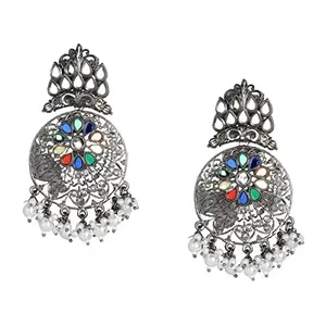 Accessher Oxidised Silver Mirror and pearl embellished Chandbali drop Earrings for women | Navratri Jewellery |