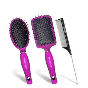 Majestique Paddle, Straightener Brush with Tail Comb, Detangler Brush Cruelty-Free and Eco-Friendly Sleek and Shine Finisher, Purple Series Hair Brush Set - 3Pcs