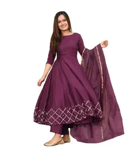 Women's Casual 3/4th Sleeve Solid Cotton Kurti Set (Wine, L)-PID46871