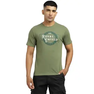 Royal Enfield 1950S Logo Tshirt | Authentic 1956 Classic Logo in Refined Charcoal Graphics Reflective Branding on The Back | Style: Crewneck | Regular fit Olive M