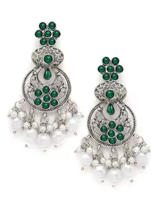 Karatcart Oxidised Silver Green Stone and Pearl Dangler Earring for Women