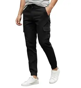 WytFox Men's Denim Cargo Joggers II Cotton Blend II Low Rise Slim Fit II Stretchable II Multi Pockets II Elastic Waist and Ankle Cuffs II Urban and Street Wear