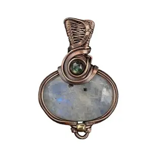 Handcrafted Moonstone and Labradorite Pendant, Copper Wire Wrapped, Vintage Style