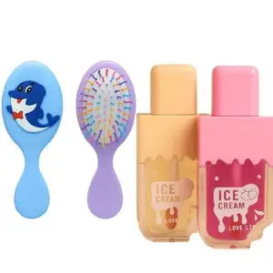 Kids Hair Comb and Ice Cream Lip Gloss Set, 2 Combs with random Design, 2 Ice Cream-Shaped Lip Glosses