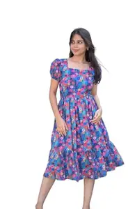 Women’s Purple Kurti – Multicolor Floral Print, Fluffy Short Sleeves|7F00040-L
