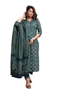 Green Printed Straight Kurta Suit Set with Dupatta, Festival Wear