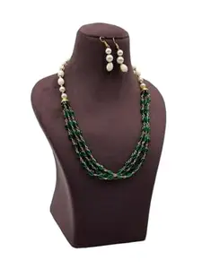 Pearl Design Necklace Set for Women Multistrands Traditional Jewellery Set for Women|MS-NeckEar-Pearl-Bottle Green-043