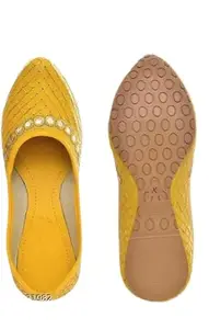 Women's Pearl-Studded Ballet Flats, Yellow Quilted Design, Non-Slip Sole (YELLOW, UK Footwear Size System, Adult, Women, Numeric, Medium, 8)