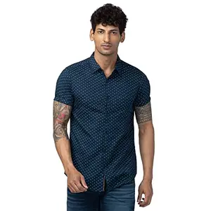 Spykar Men Navy Blue Cotton Slim Fit Printed Shirt