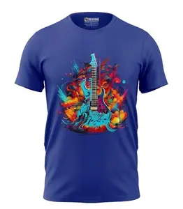 Print My Fashion Men's T-Shirt Regular Fit Round Neck Half Sleeve Combed Bio-Washed Cotton Colorful Guitar Graphic Printed T-Shirts (Royal Blue, M)