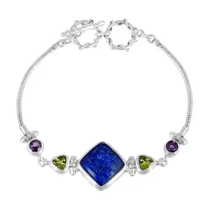 Ravishing Impressions Solid 925 Sterling Silver Lapis lazuli,Peridot & Amethyst Bracelet Handmade Jewelry With White Rhodium Finish And Toggle clasp Lock 7 Inches