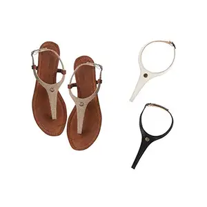 Cameleo -changes with You! Women's Plural T-Strap Slingback Flat Sandals | 3-in-1 Interchangeable Leather Strap Set | Brown-Polka-Dots-White-Black