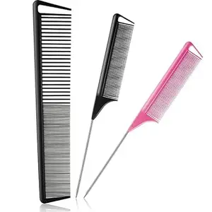 3 Pieces Rat Tail Comb Carbon Fiber Cutting Comb Set Stainless Steel Pintail Comb Teasing Comb Parting Comb