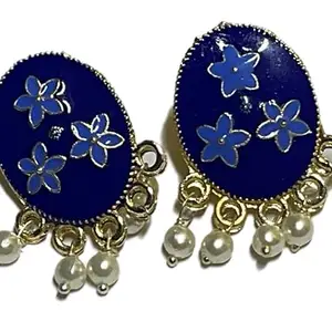 Vintage Style Floral Earrings, Navy Blue Enamel with Pearl Drops, Gold-Tone Metal
